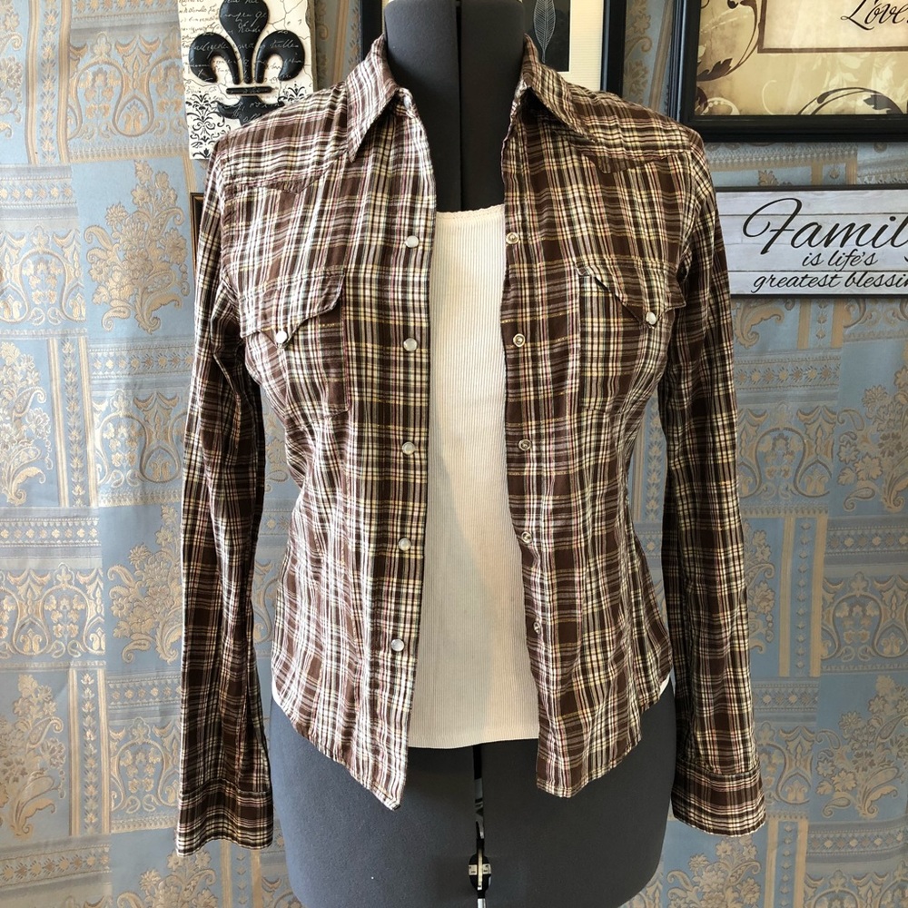 Aeropostale western snap shirt Brown wh plaid M